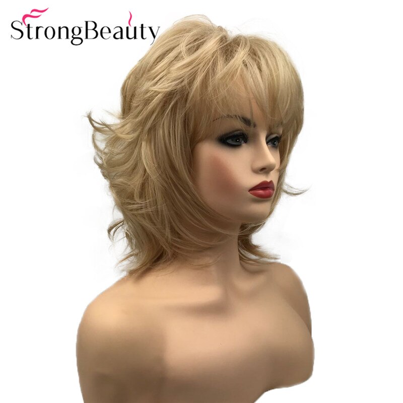StrongBeauty Synthetic Women Wigs Fluffy Natural Medium Length Wavy Blonde/Golden Hair Capless Wig: 83