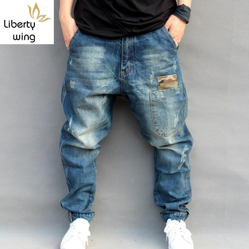 Blauw Gat Geript Baggy Mannen Hip Hop Streetwear Skateboarder Denim Broek Mannen Losse Fit Plus Hiphop Jeans Maat S-4XL