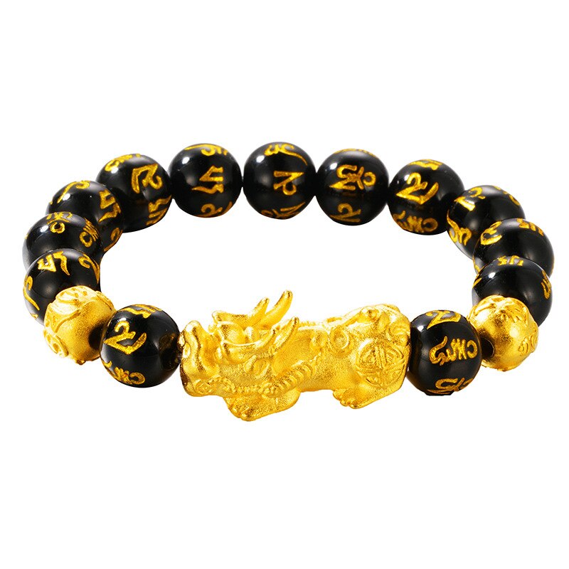 Top natural Obsidian Stone Beads Bracelets Wristband Wealth real 24K gold pendant Women Men Religious Strand Bracelets