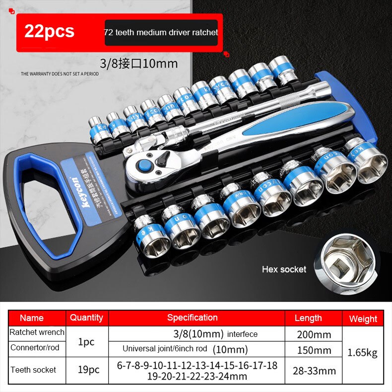 CR-V jeu de douilles à dégagement rapide réversible à cliquet jeu de clés à douille outils avec support suspendu 1/4 "3/8" 1/2 "jeu de douilles: 3-8 22pcs-Blue