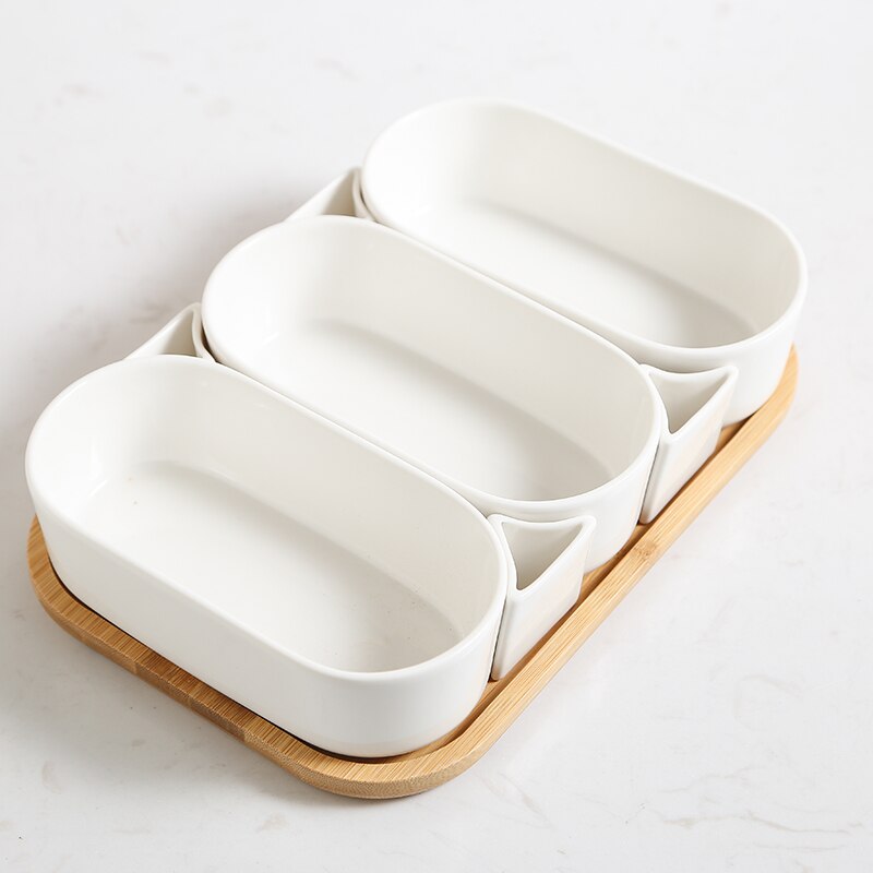 Ceramic Plate Snack Tray with Wooden Cover Wooden Pallets Fruit Plate Salad Bowl Snack Platter Dried Fruit Plates Dim Sum Dish: 3 grid with tray