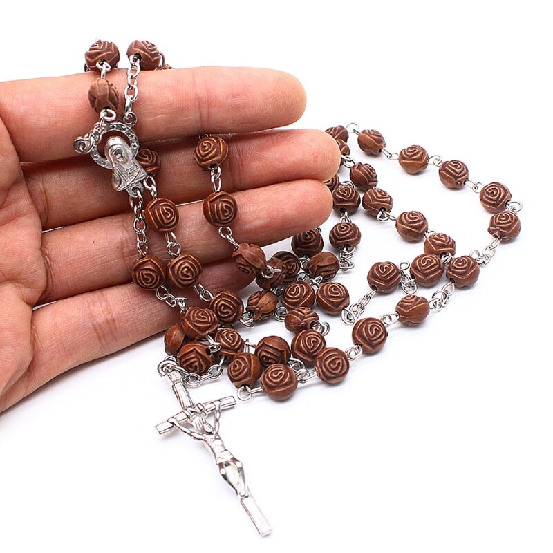 Xxfa Rozenkrans Katholieke Ketting Voor Vrouwen Rose Bloem Kralen Kruis Hanger Christelijke Religieuze Jezus Kettingen Sieraden Charm