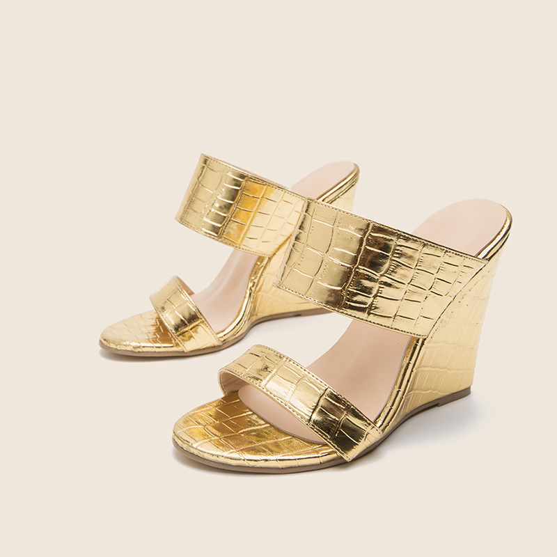 Zapatillas de charol dorado para mujer, sandalias de cuña con punta abierta, zapatos de tacón alto para , novedad de verano