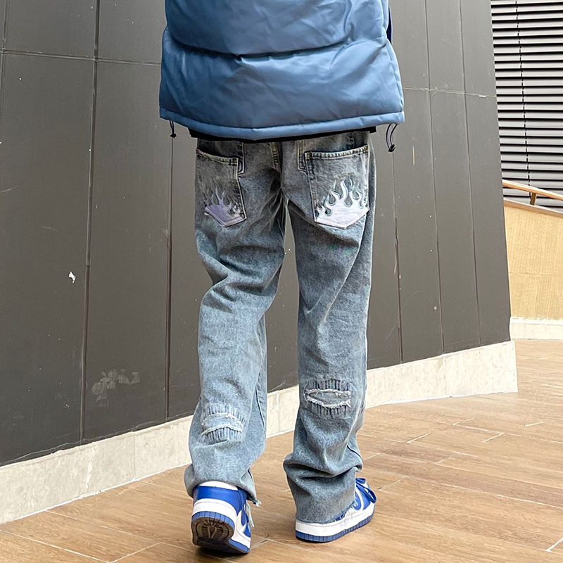 Pantalones vaqueros informales lavados con agujeros rasgados para hombre, ropa de calle con bolsillos de llama en la espalda, Jeans rectos de pareja, pantalones vaqueros sueltos de Hip Hop