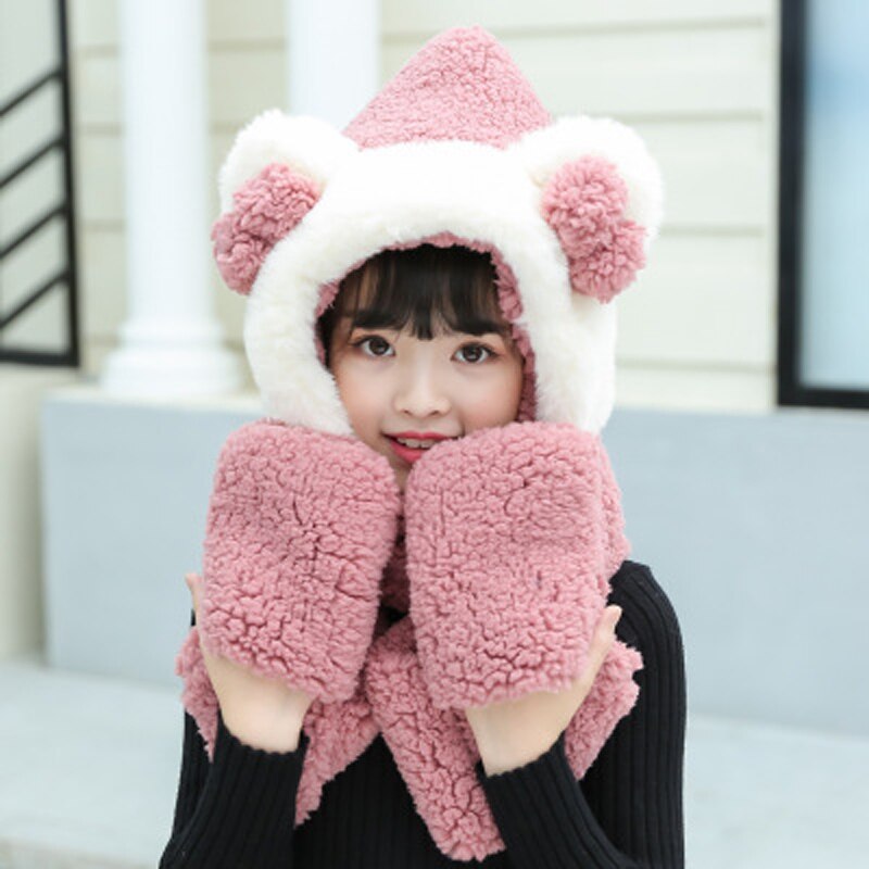Foux Bomber Hats Women Kids Parent Child Winter Bear Ears Russian Cap Scarf Neck Gloves Snow Warm Baby Boy Girl Ushanka Trooper: Kid Violet