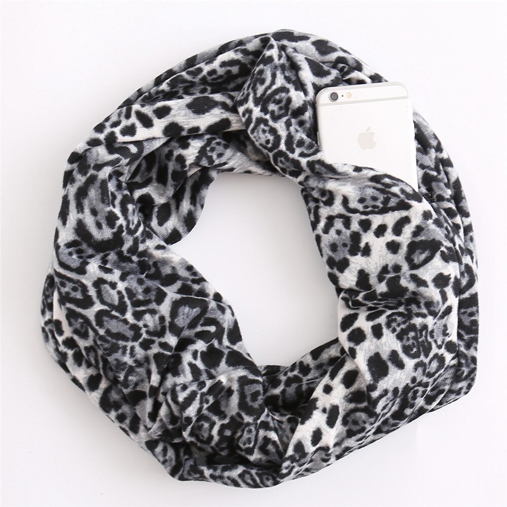 HanXi Secret Pocket Scarf with Zipper for Women Travels Leopard Crircles Scarves Soft Unisex Ring Scarf