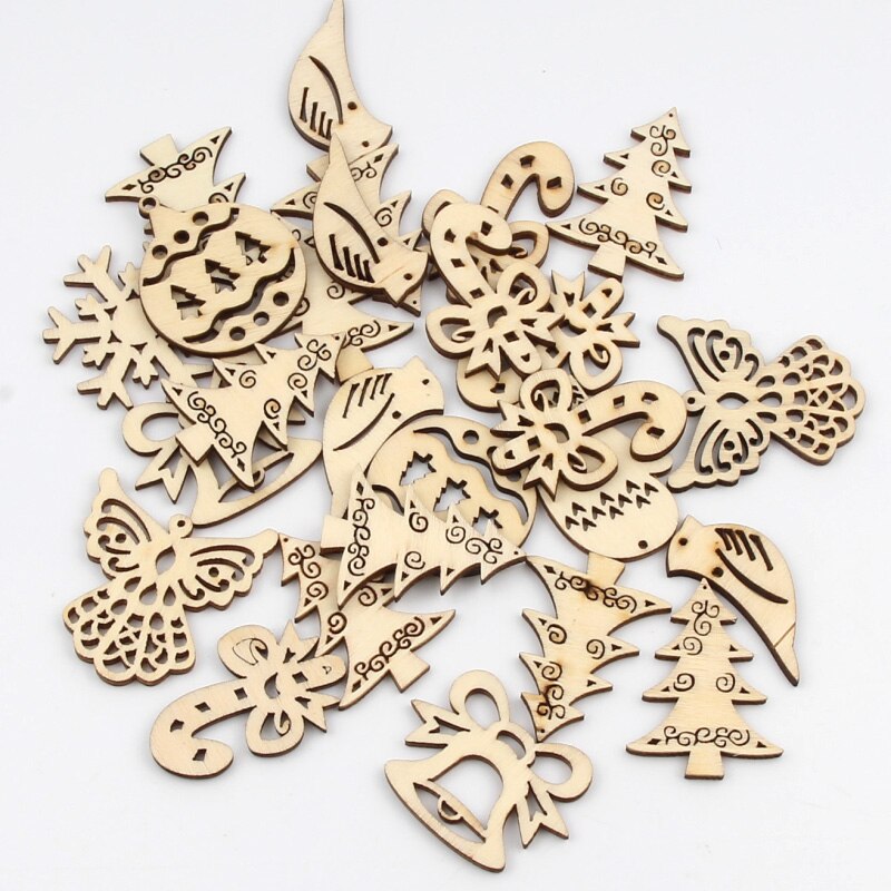20pcs Mixed Christmas Pattern Natural Wood Crafts Scrapbooking MDF For Diy Home Decoration Xmas Art Wooden Embellishment 40mm