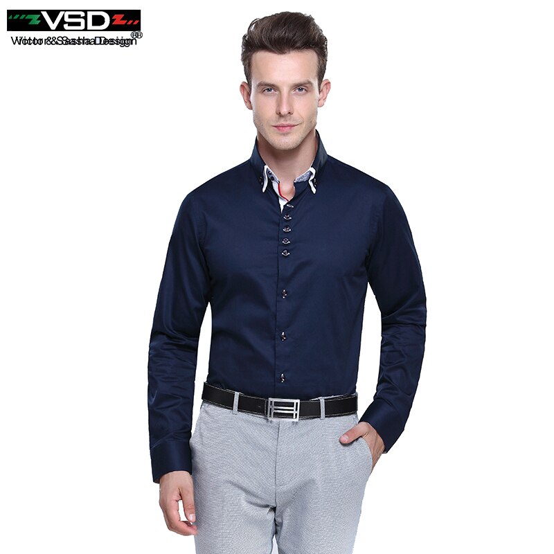 Vsd stor italiensk stil dobbeltkrave shirting slim fit langærmet premium bomuldsskjorte til mænd, mærke europa størrelse 1319: Dyb blå / L