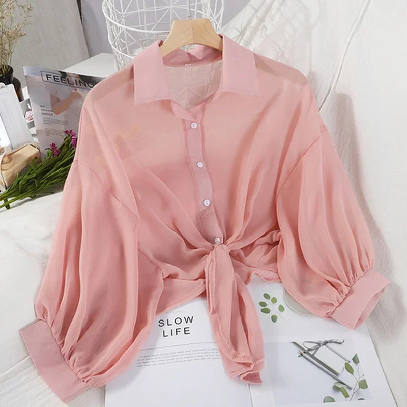Blusa informal holgada de gasa con media manga para mujer, camisa con botones, cintura atada, primavera y verano, 9776: XXL / Rosa