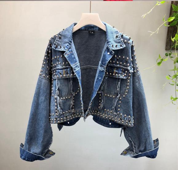 Lente Herfst vrouwen Rode Denim Jas Jas Hand Kralen Klinknagel Korte Zwarte Jean Jassen Basic Jassen Outfit WF005: Blauw / S