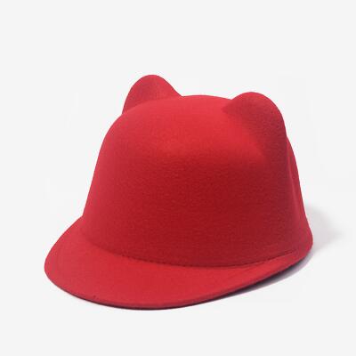 SUOGRY Mother daughter felt fedora hat child adult solid color cat ears short brim hat for women men equestrian knight caps: red / Adult size