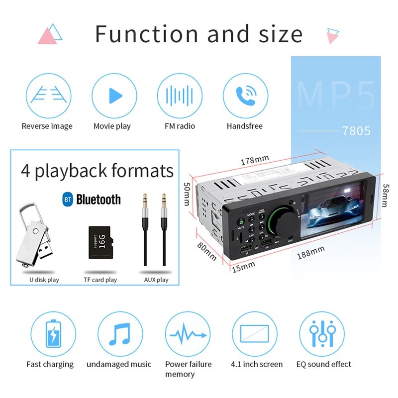 Car Mp5 Player 1Din 4,1 pulgadas TFT Car Stereo MP5 Player Radio FM BT4.0 USB AUX RCA mando a distancia coche MP4,MP5 , 7805