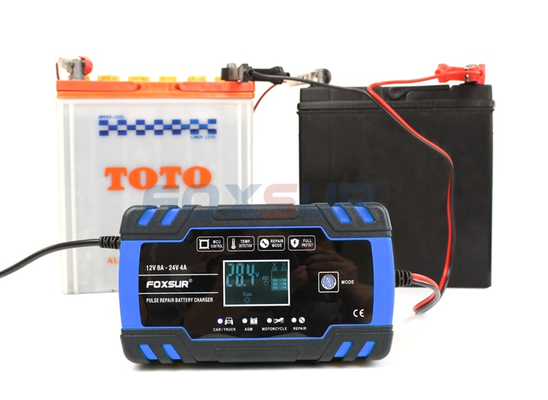 FOXSUR voiture moto chargeur de batterie 12V 8A 24V 4A Smart charge rapide pour AGM GEL humide EFB chargeur de batterie au plomb