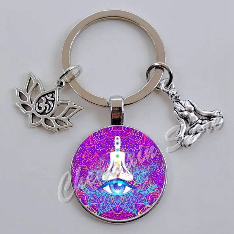 Indian Buddha Meditatie 7 Chakra Mandala Psychedelische Yoga Glas Cabochon Sleutelhanger Ornament: Kaki
