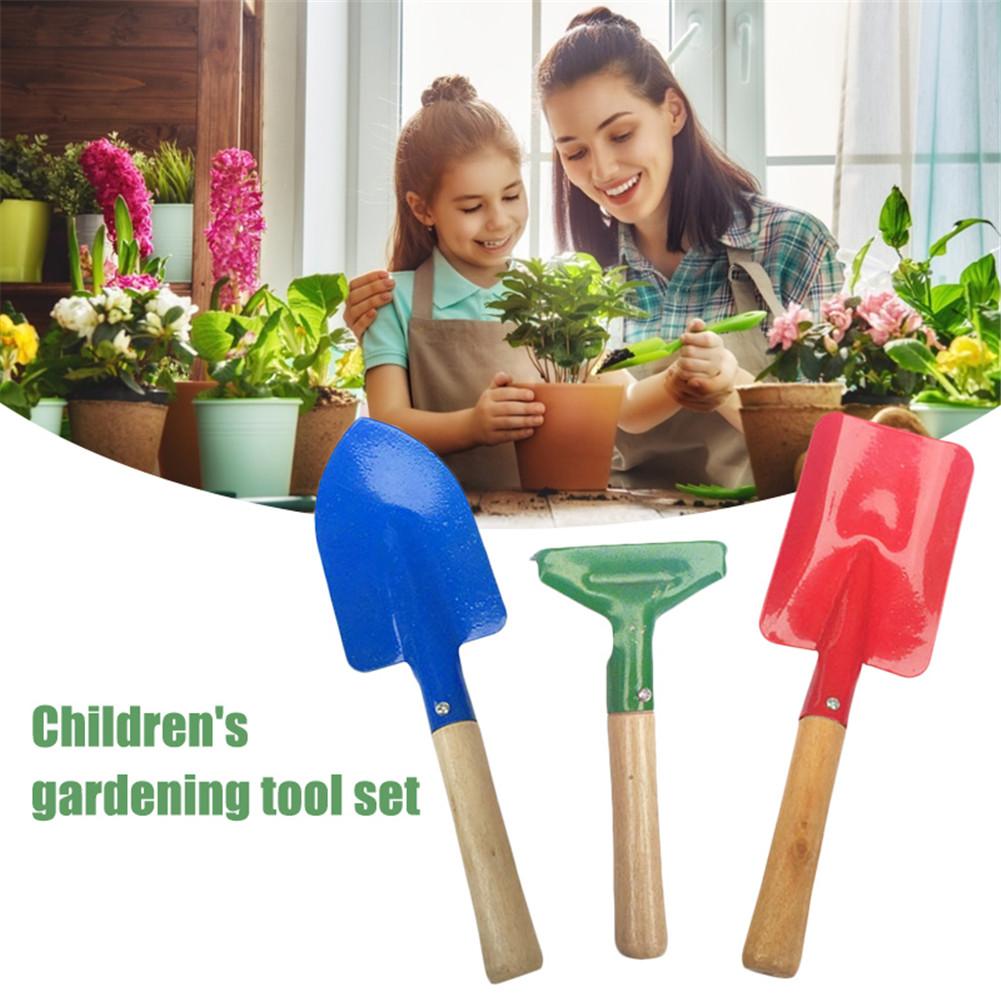 3Pcs Mini Kinderen Tuinieren Tool Set Troffel Rake En Schop Met Hark Schop Met Stevige Houten Handvat