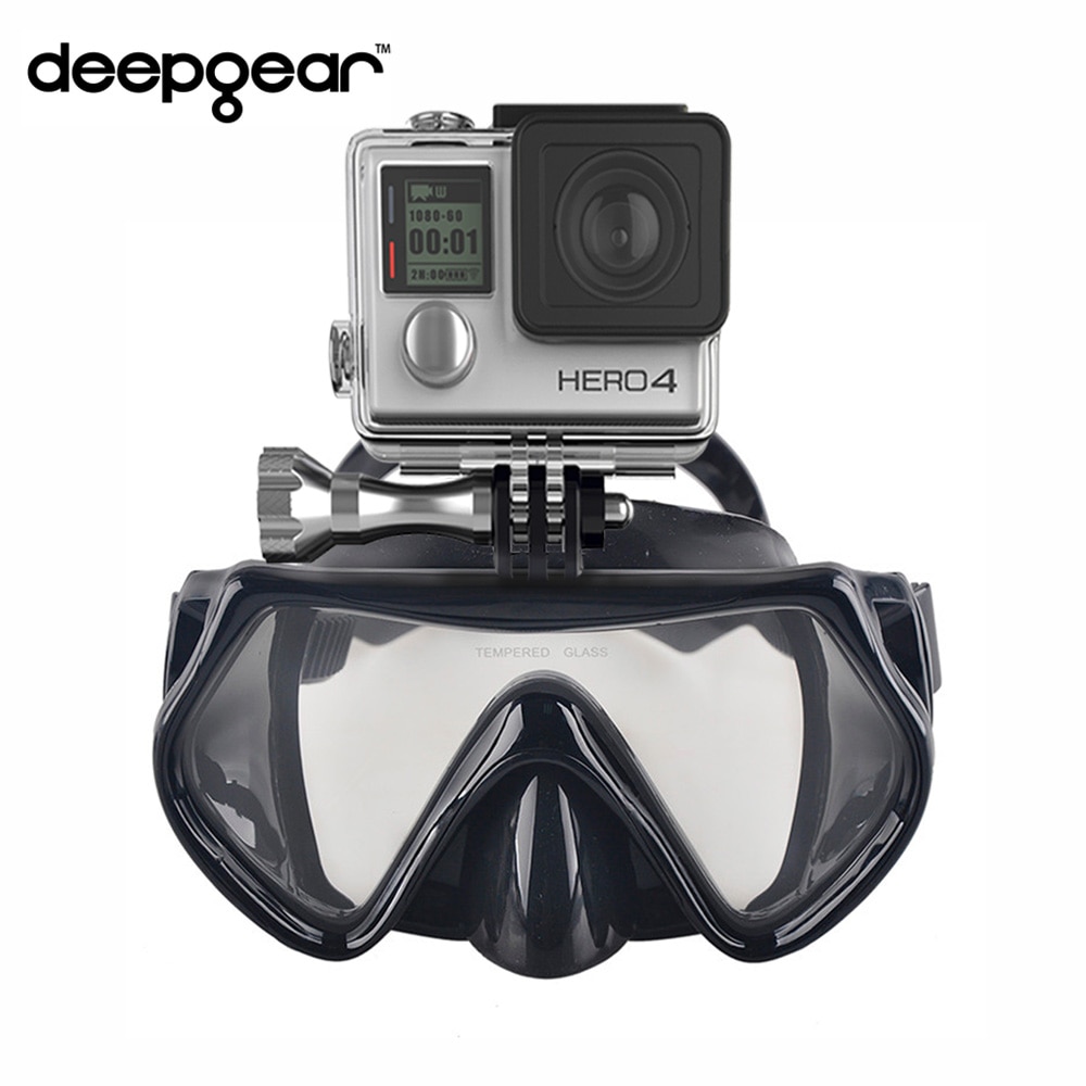 Deepgear Gopro camera duikbril Gehard glas duiken masker zwart siliconen snorkel masker voor volwassen Top duiken snorkel gear