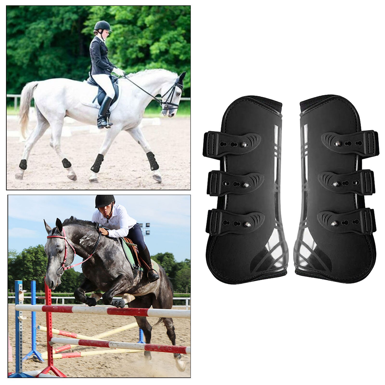 Horse Pu Shell Neoprene Lined Front/Rear Leg Boots Sets Horse Boots for Training Jumping Riding Eventing: Front Black XL