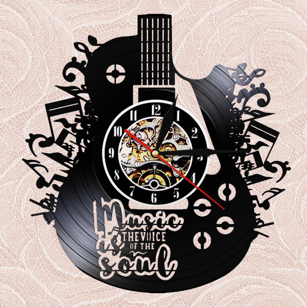 1pc Vinyl Record Wall Clock Guitar Shape Wall Hanging Clock Decorative LED Clock Without Lamp (As Shown)