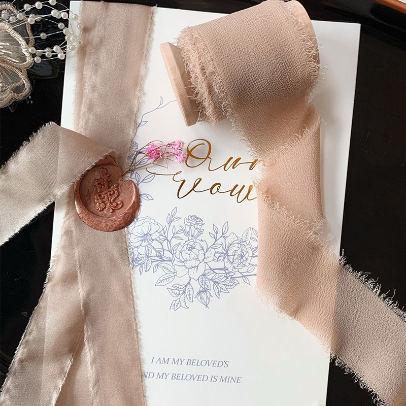 Ruban en mousseline de soie effiloché fait à la main, 5 m/rouleau, avec bobine de bois, Bouquets d&#39;invitation de mariage, ruban à franges transparentes, artisanat plat