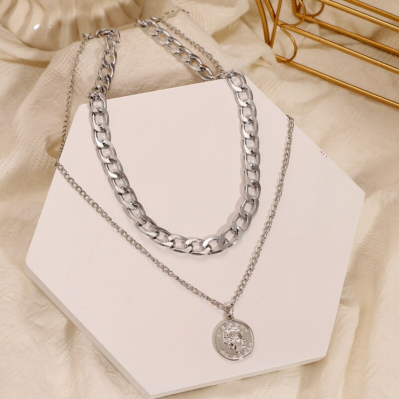 VKME Retro Coin Silver Gold Chain Necklace For Women Multi-layer Geometric Round Pendant Silver Choker Necklaces Jewelry: 2   VK201732