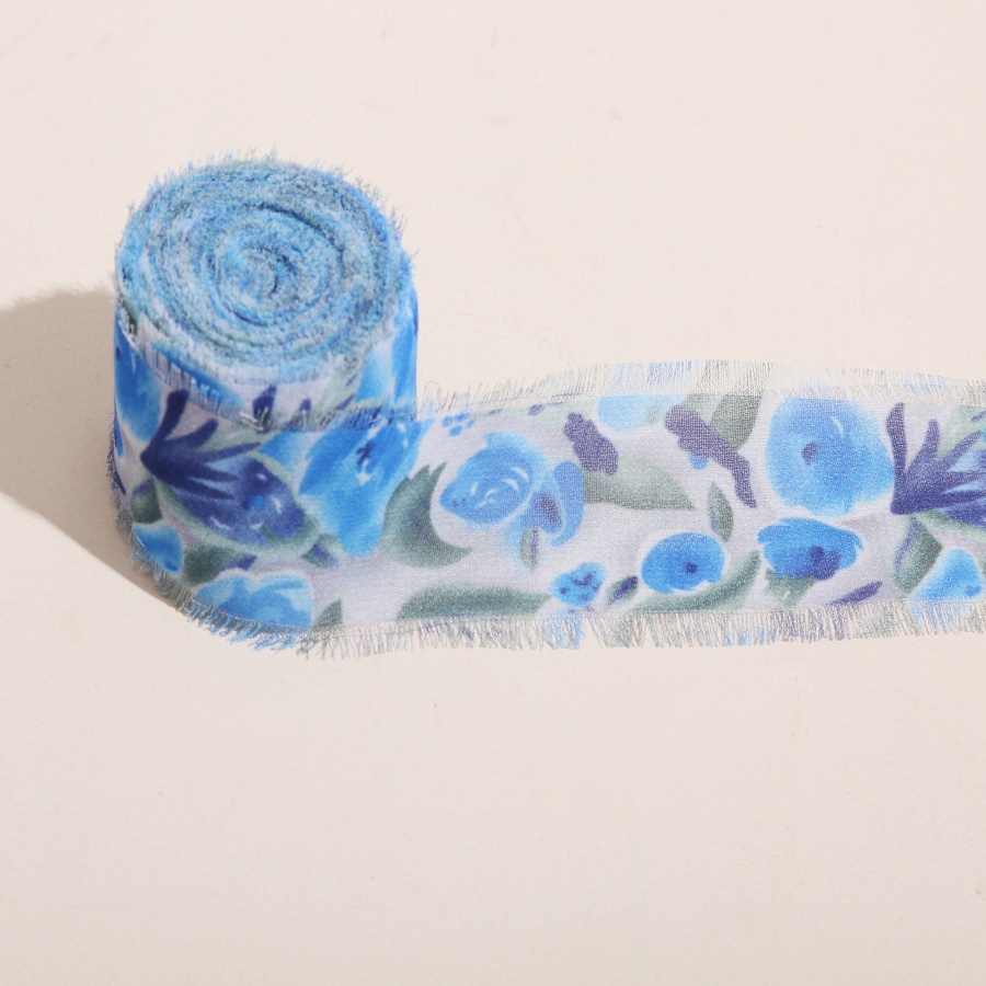 1 Roll 5m*4cm Frayed Edged Satin Handmade Printed flowers Chiffon Silk Ribbon For Wedding Bouquets Birthday Party DIY Decoration