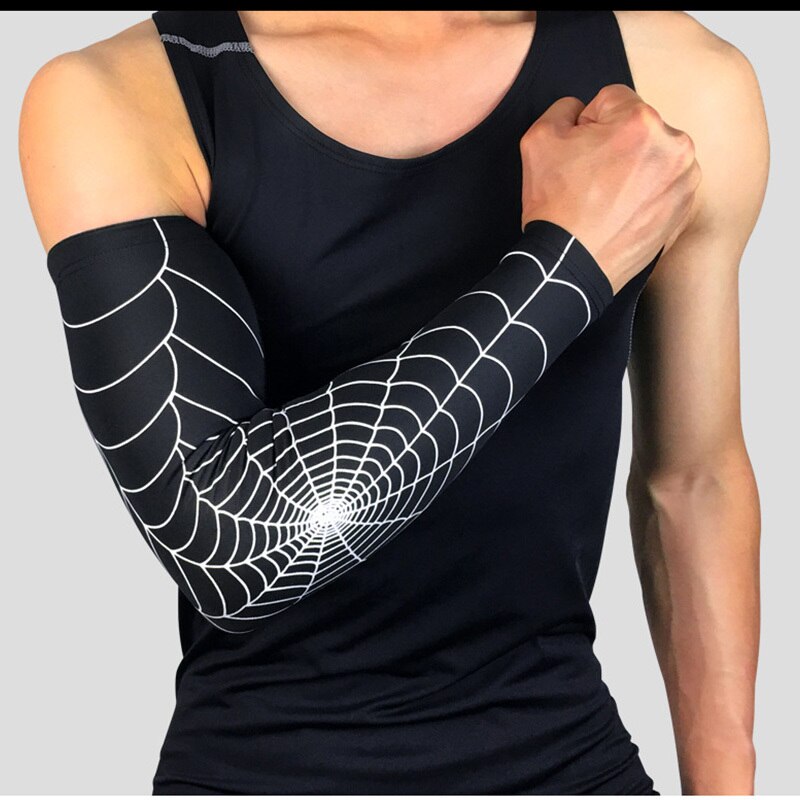 Outdoor Sport Basketball Spider Web Armguards Gym Fitness Arm Protector Elastic Sleeve Breathable Antislip Joint Elbow Pad Men: Black White / L