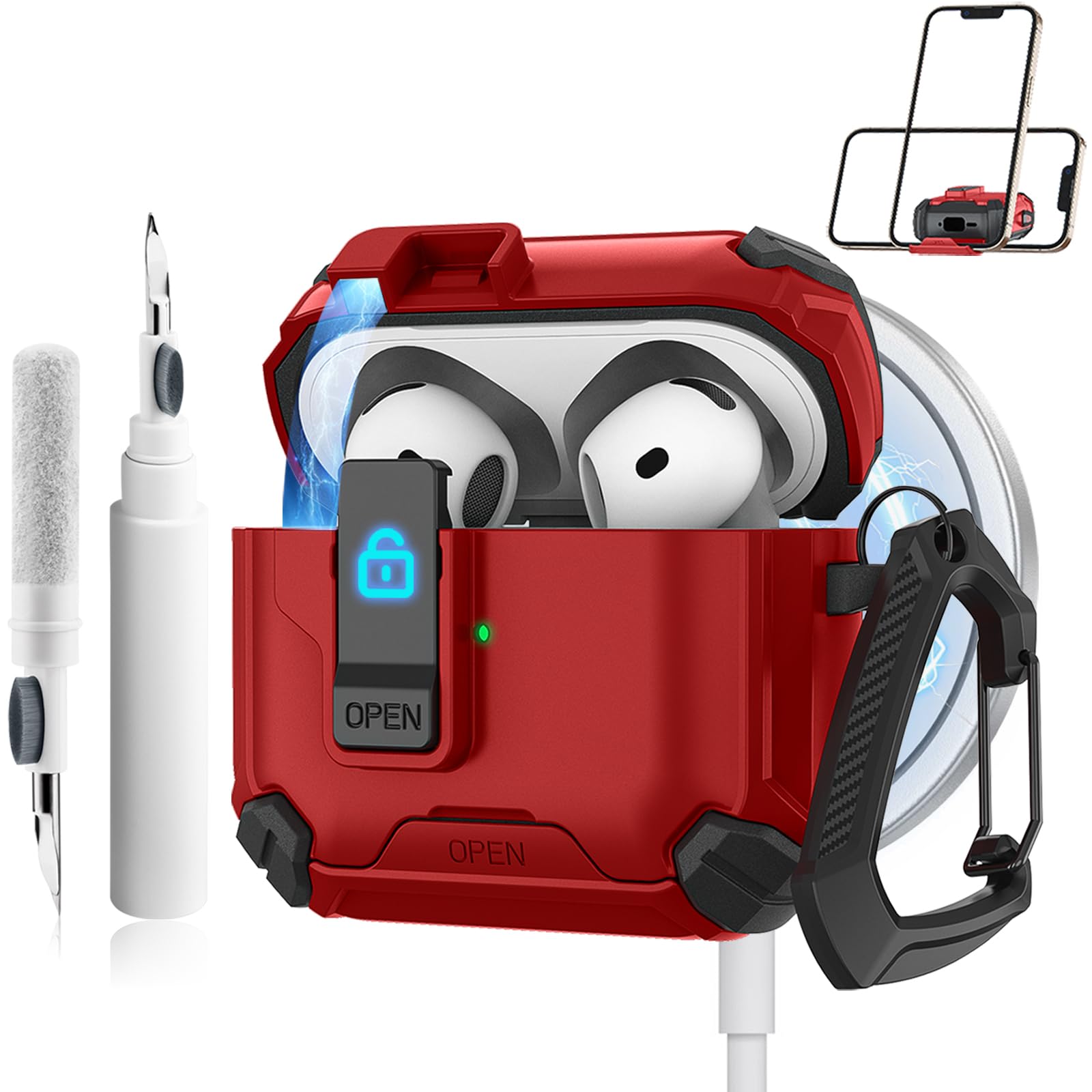 Etui til airpods 4 med magsafe magnetisk automatisk lås med telefonstativ beskyttelsesdeksel med rengjøringssett etui til airpods 4: Snø