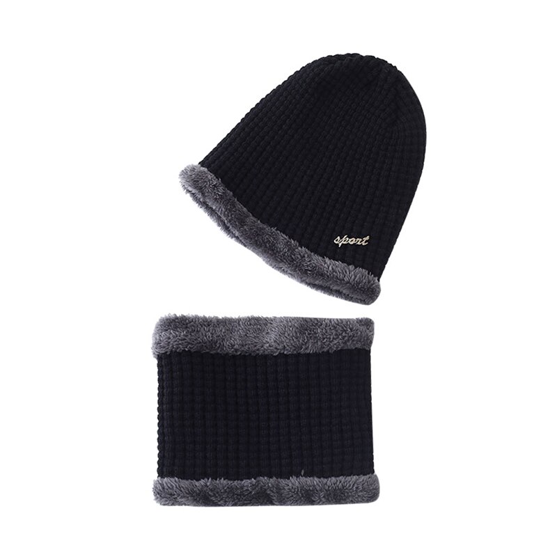 2Pcs Children baby boys hats+scarf sets Kids Patchwork Knitted wool keep Warm beanie caps fitted soft panama bonnet Winter A40: black