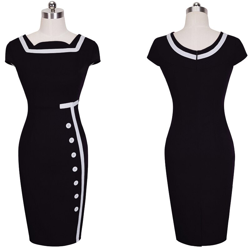 Nice-forever sort og hvid patchwork kontorkjoler business party bodycon skede kvinder kjole bty 742