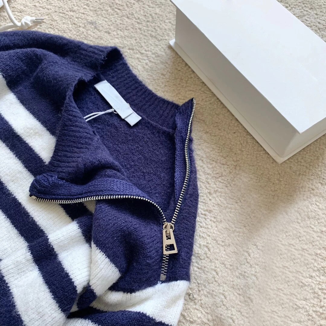 Efterår europæisk og amerikansk klassisk skulder lynlås skulder stribet sweater sweater kvinder