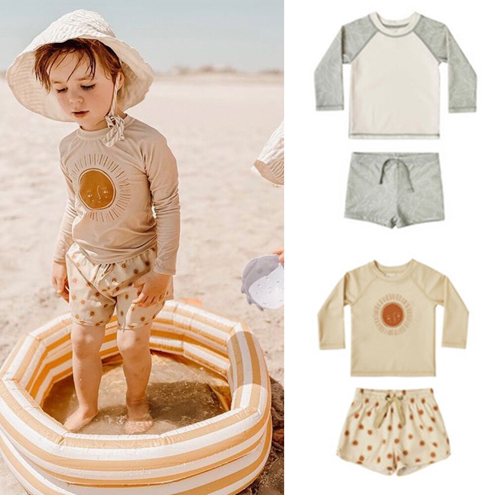 8144 barn långärmad baddräkt sommar baby pojkar solskyddsmedel baddräkt långärmad topp+korta flickor badkläder