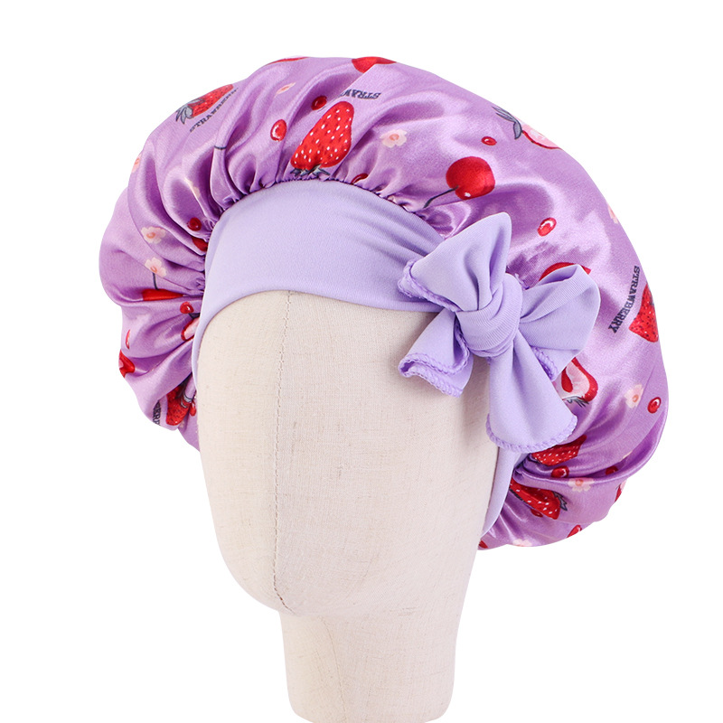 Gorro de satén para dormir para niño y niña, gorro de ducha de seda para niño, gorro de pelo para niño y niña, gorro de dormir de seda con lazo de banda estampado de flores: plum