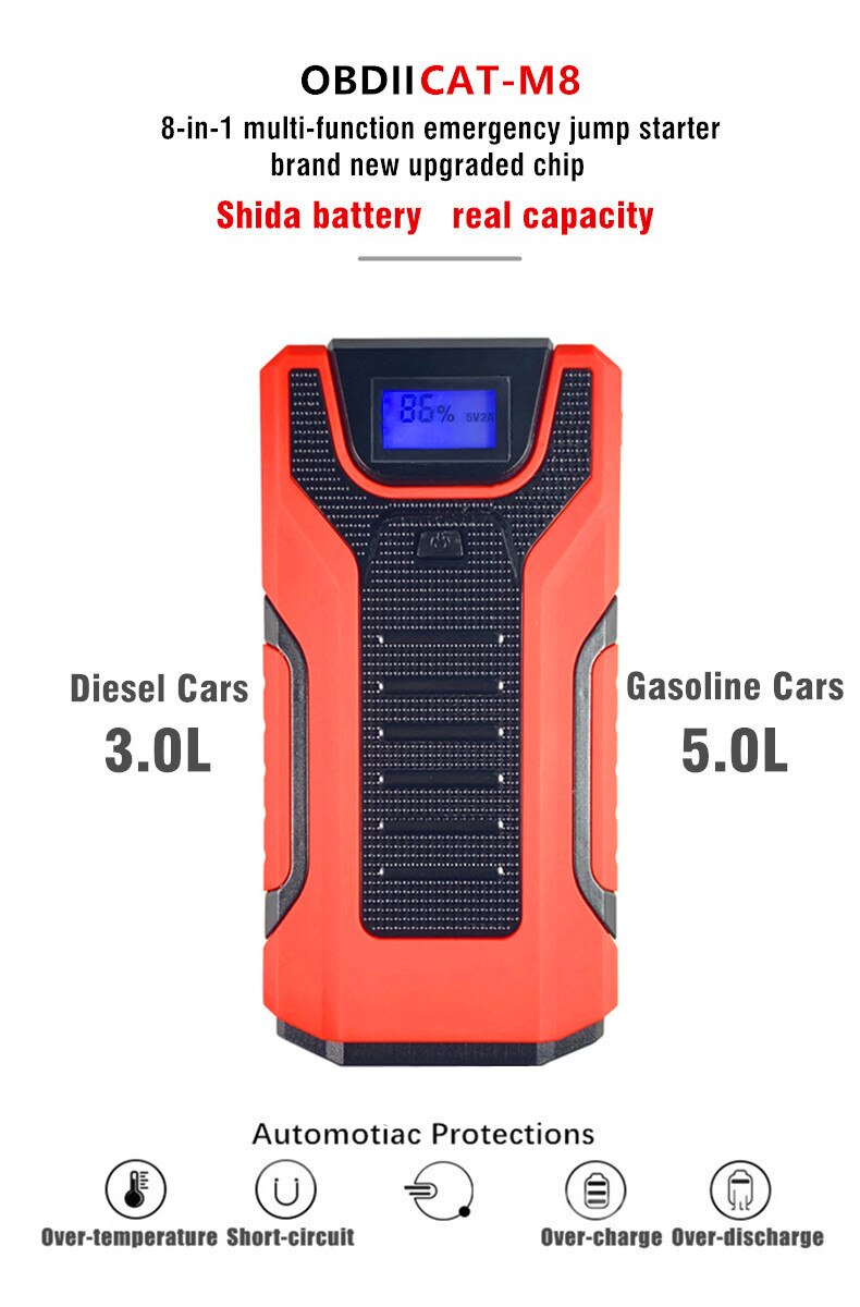 MINI arrancador de batería portátil de coche, dispositivo de arranque de alta potencia de 12V, potenciador de batería de emergencia para coche de gasolina y diésel, OBDIICAT-M8