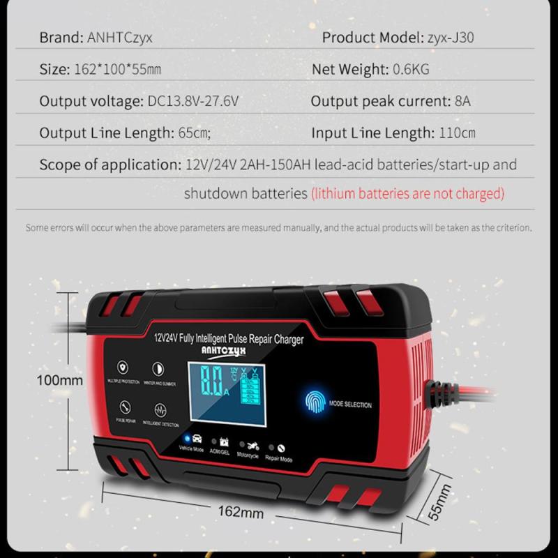 12V/24V Motorcycle Car Battery Charger with LCD Display Power Pulse Repair Wet Dry Lead Acid Battery-chargers US Plug