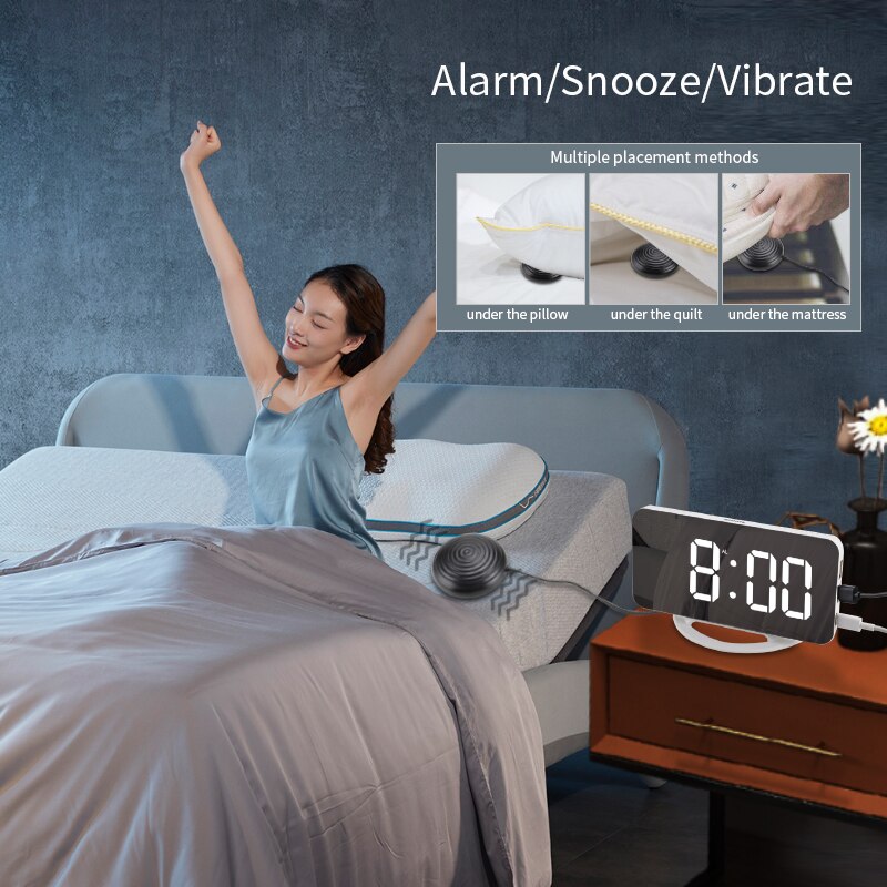 Espejo Despertador con vibración LED para sordos, con recordatorio vibratorio fuerte para personas con discapacidad auditiva, con luz nocturna y sueño pesado
