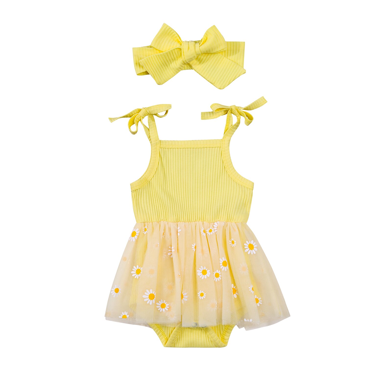 2Pcs Baby Girls Summer Outfits Cute Self Tie Strap Sleeveless Daisy Print Tutu Romper with Headband Set: YELLOW / 12M