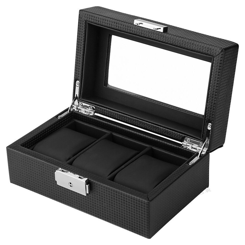 Kolfiber klockförvaring box svart pu läder klockorganisator med lås klocka förvaringsboxar smyckesfodral