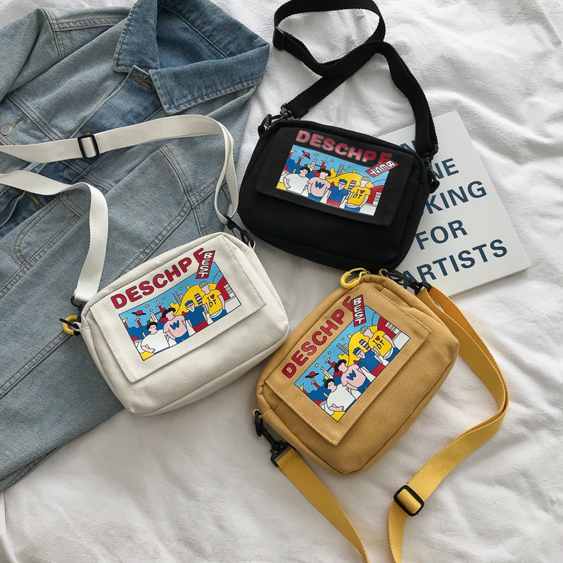 Messenger Bags for Women Brand Cartoon Students Canvas Female Simple Zipper Handbags Shoulder Bags