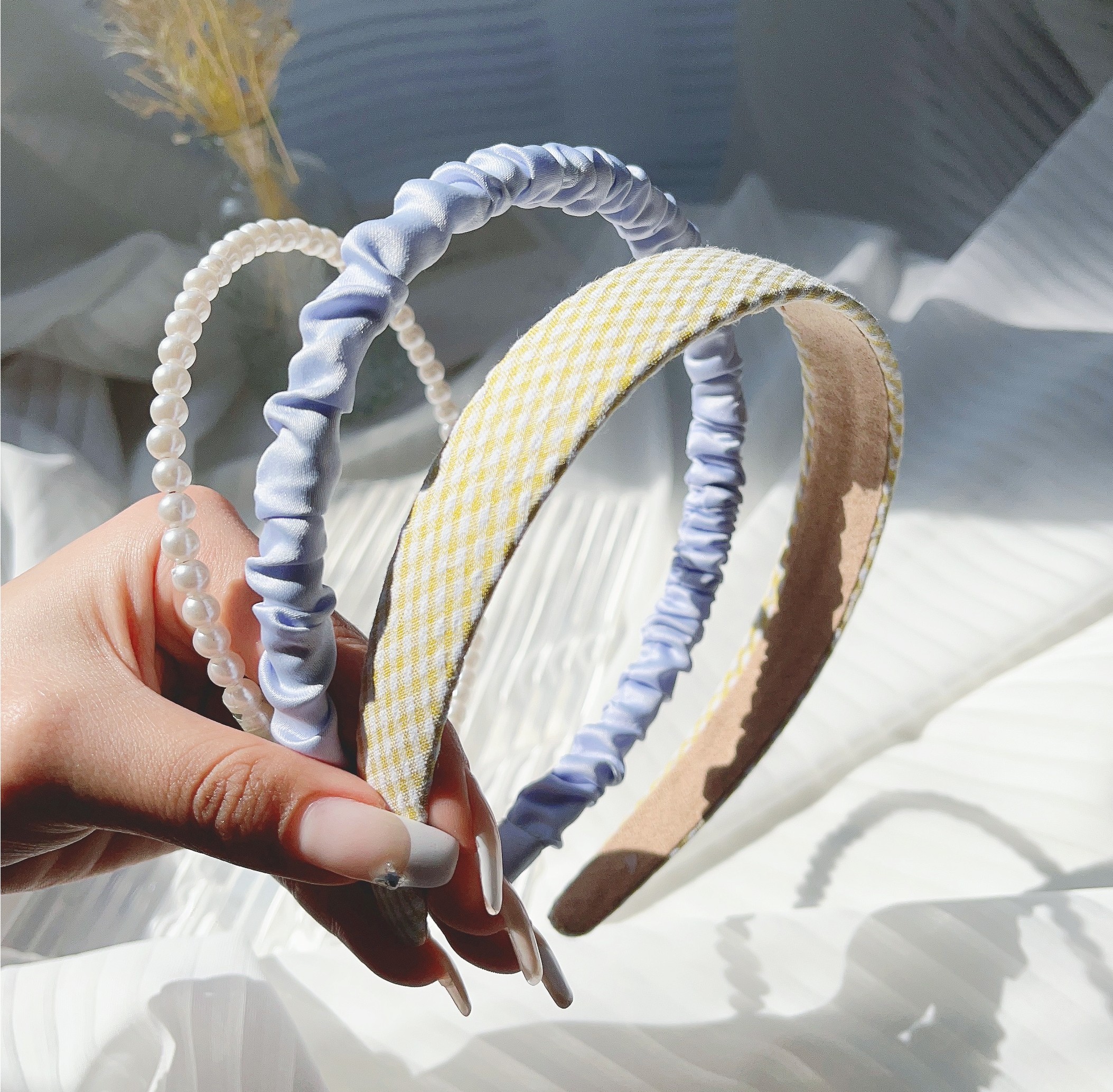 3 unids/set mujer bandas para el cabello de tela tocado diadema de perlas diadema para niñas aro para el cabello accesorios para el cabello femenino: Gris