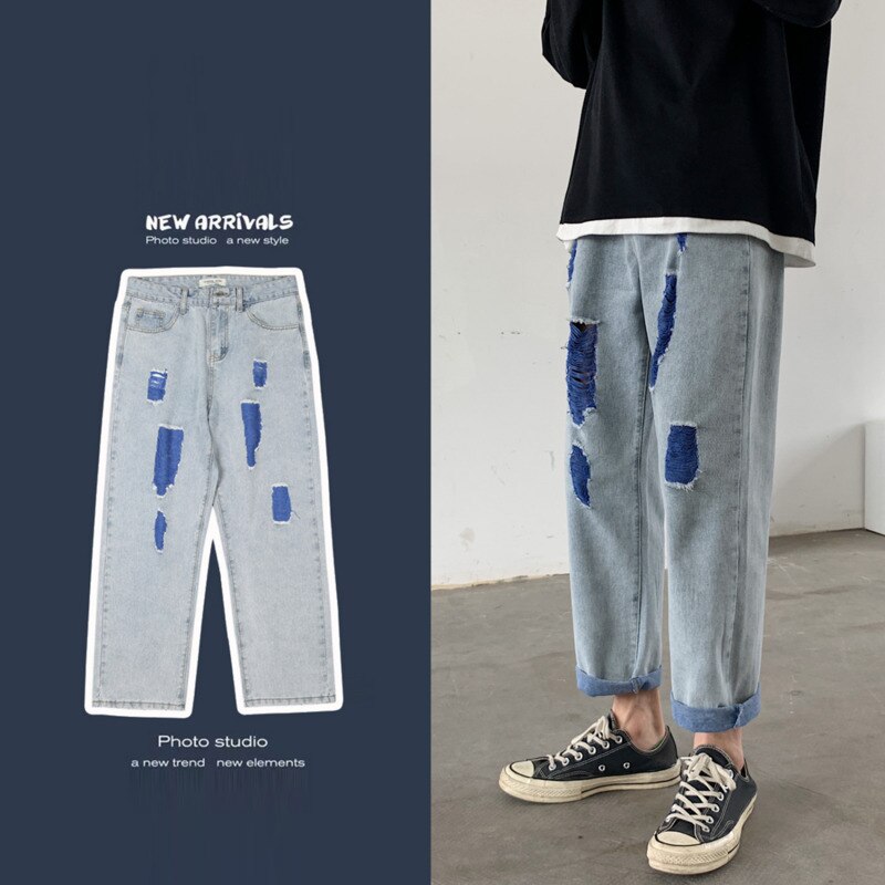 Ripped jeans herre kontrastfarve afslappet hul jeans bukser mænd streetwear løs hip hop straight denim bukser herre: Marine blå / M