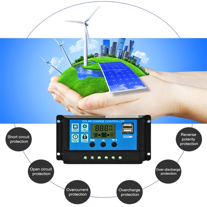 30A 12V/24V Solar Panel Charger Controller Battery Regulator Dual USB LCD Display For off-Grid PV Solar System