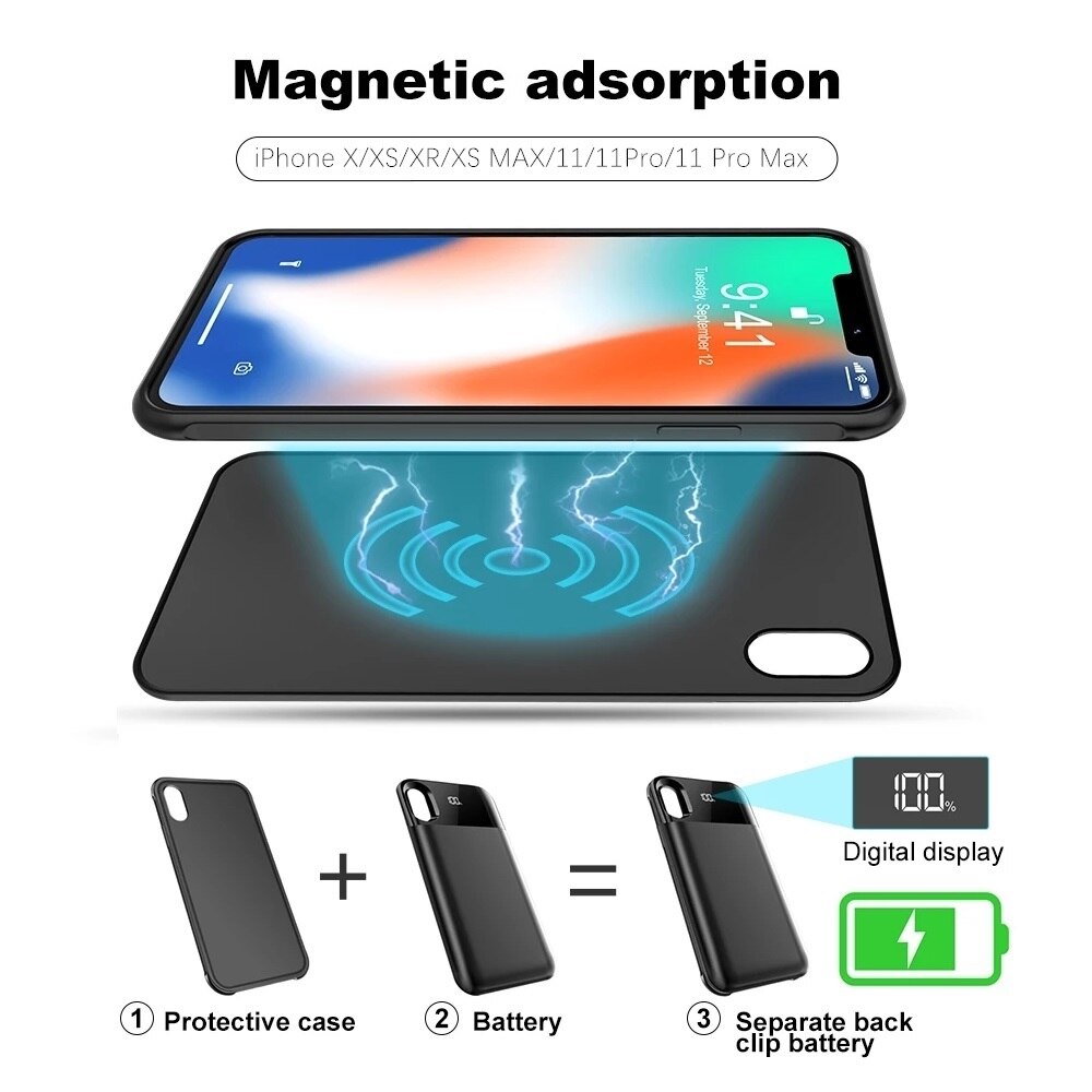 For iPhone X XS XR XS Max 11 11 Pro 11 Pro Max Battery Case Power Separate Wireless Charging Battery Case Smart Digital Display