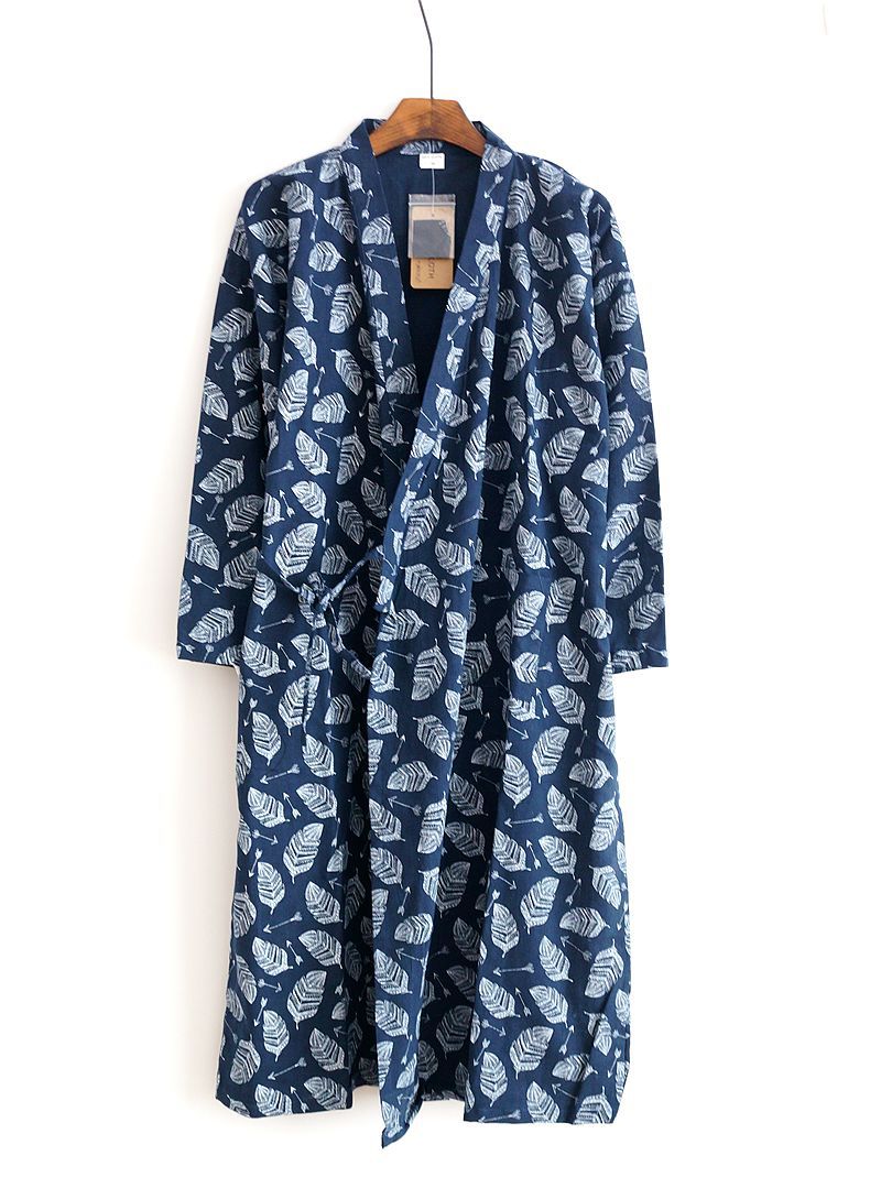 2022 män& #39 ; s 100%  bomullsgaze bomullsrock lös tunn yukata japansk kimono pyjamas herr & #39 ;s huvrock v-ringad pyjamas badrock: Gröna löv / M