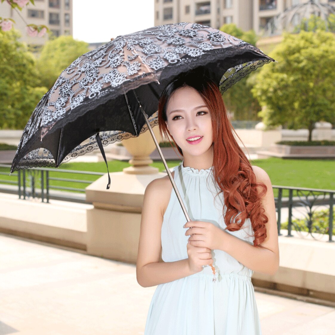 Kant Dames Parasol Parasol Regen Vrouwen Black Uv-bescherming Winddicht Waterdicht 2 Vouwen Meisje Prinses Paraplu
