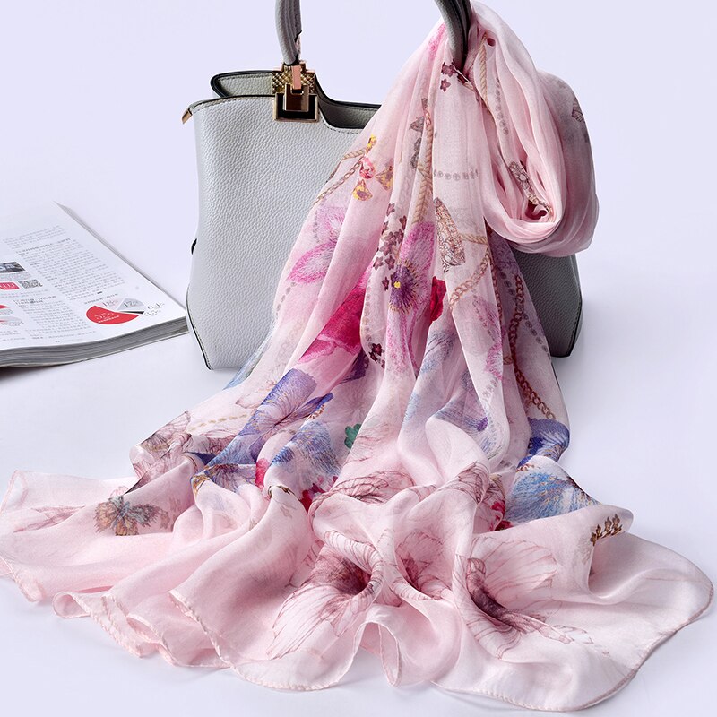 100% Echte Zijde Sjaal Voor Vrouwen Natuurlijke Zijde Sjaals Wrap Voor Dames Luxe Print Grote Pure Zijden Sjaal foulard
