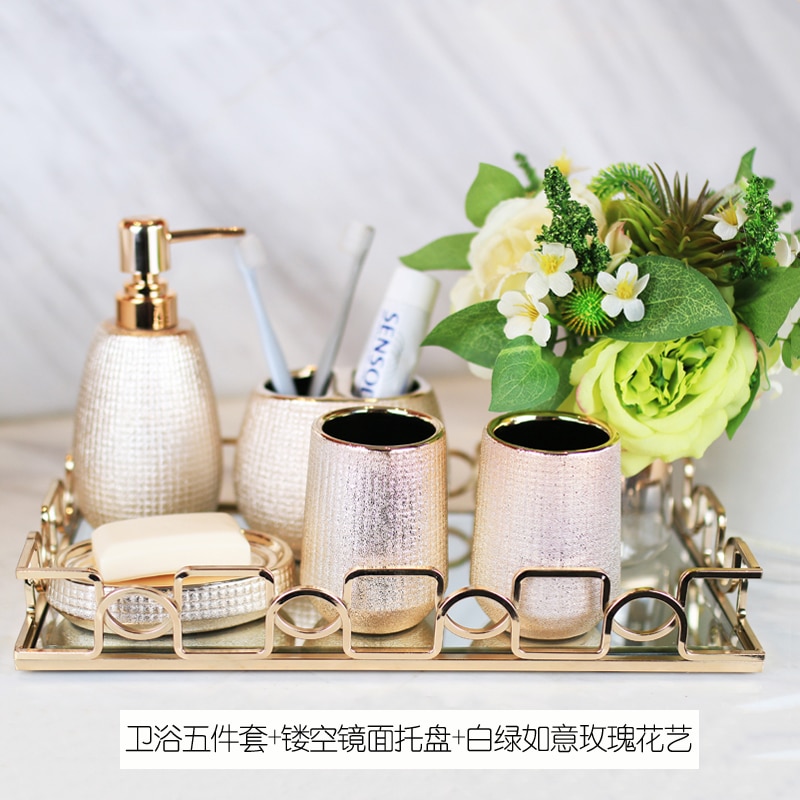 Europæisk stil forgyldte keramiske vaskeværktøjer rose guld badeværelse tilbehør sæt flaske mundskyl kop sæbe tandbørsteholder