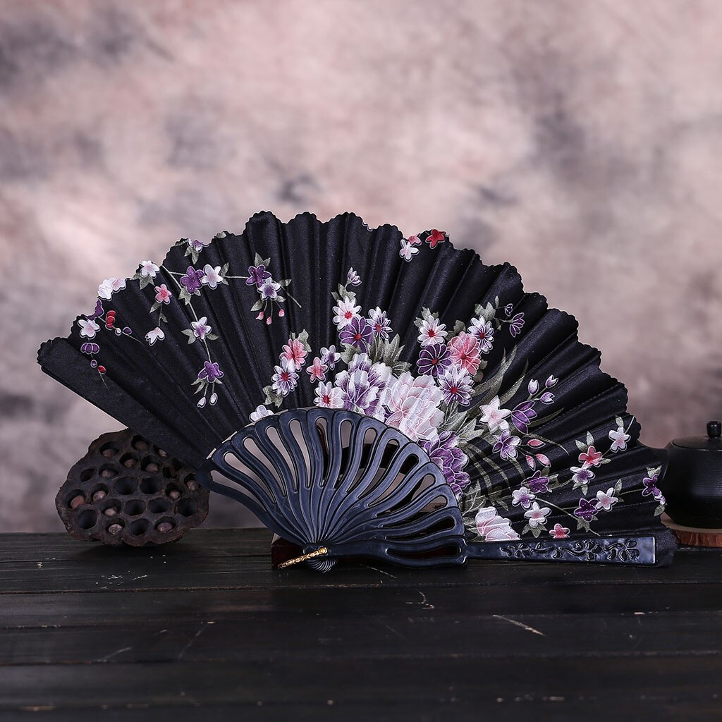 Bloem Fans @ Vintage Kant Chinese Stijl Dance Wedding Hand Fans Party Dress Accessoires Vouwen Zomer Held Bloemen Fan Abanico: Black