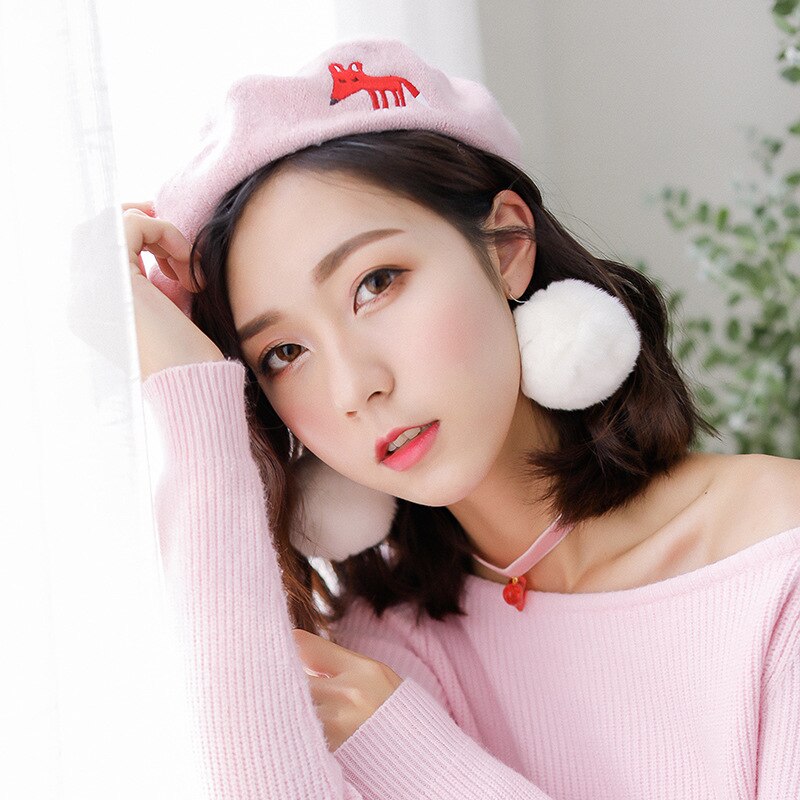Køligt forår efterår vinter kunstner hue hue kvinder piger maler kasket baret broderi smil ansigt kat rose solid hue baret hat