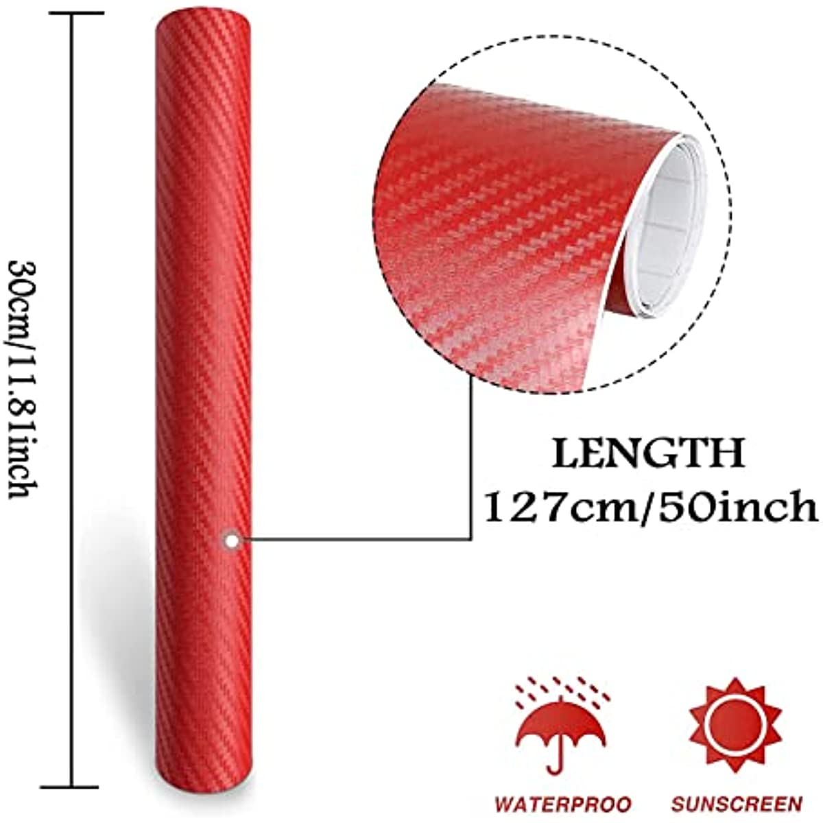 3D Fibra de Carbono Vinilo Coche DIY Wrap Sheet Roll Película Adhesiva Calcomanía - Color Rojo 127X30cm 50"X11.8" (Rojo)