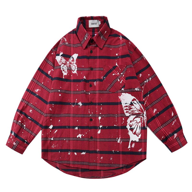 Camiseta a cuadros con estampado de mariposa para hombre, ropa de calle, otoño , Harajuku, Hip Hop, informal, vestido de botones suelto, WY150